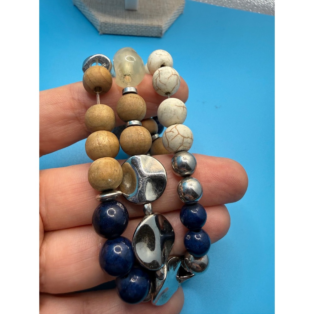 Boho Multi Strand Stretch Bracelet Set Wood Stone Fabric Blue‎ Silver Tone Mixed